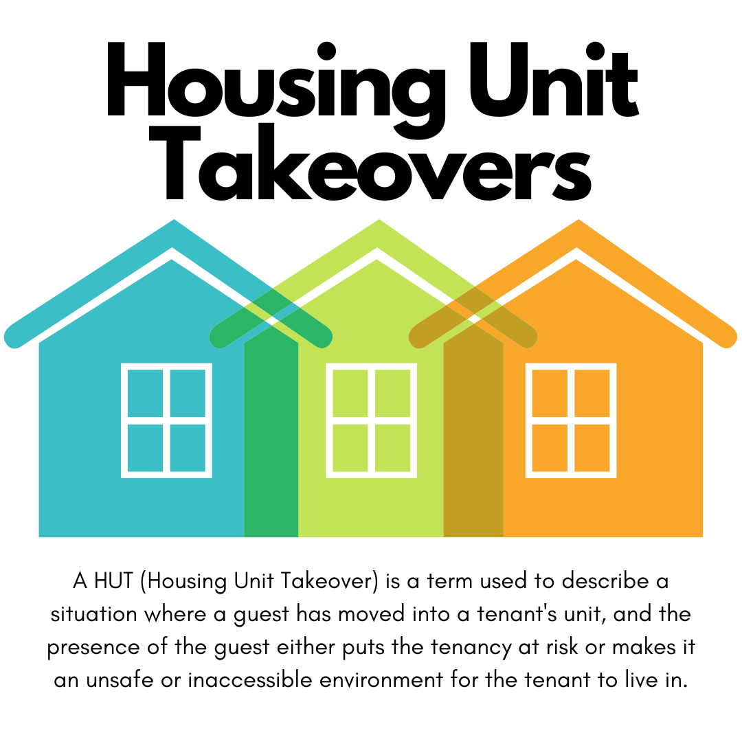 Housing Unit Takeovers written above an image of three houses with the text: A HUT (Housing Unit Takeover) is a term used to describe a situation where a guest has moved into a tenant's unit, and the presence of the guest either puts the tenancy at risk or makes it an unsafe or inaccessible environment for the tenant to live in.